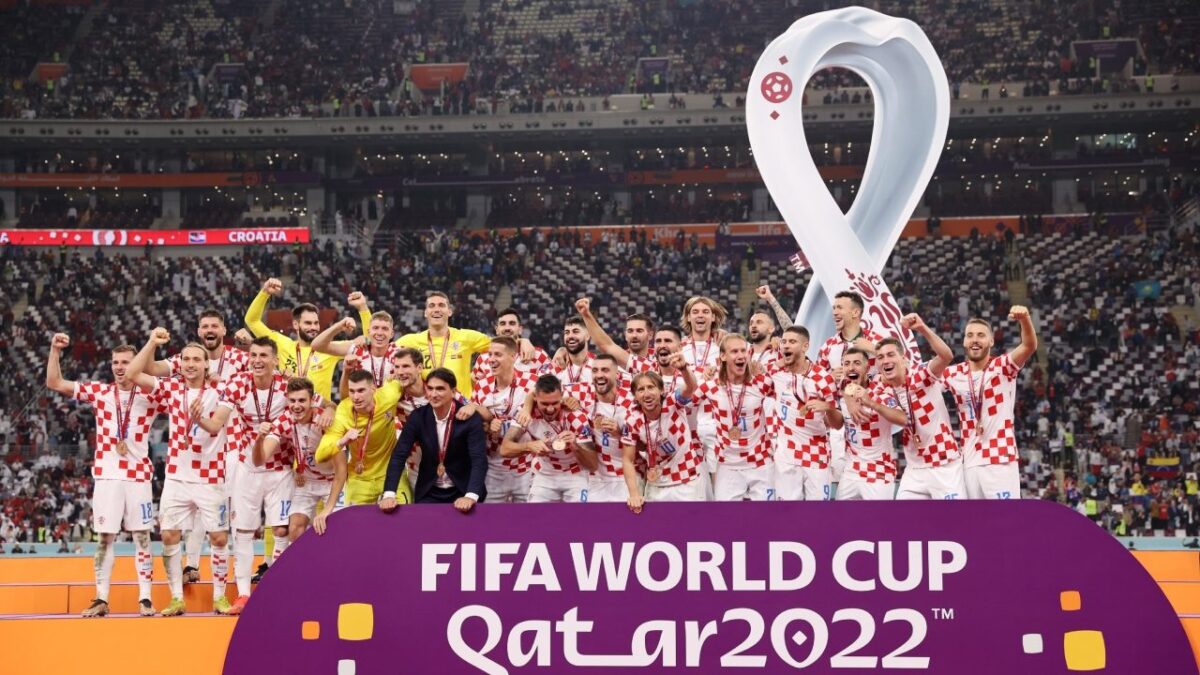 La Croazia festeggia la vittoria dopo la finale per il 3° posto ai Mondiali 2022 in Qatar.