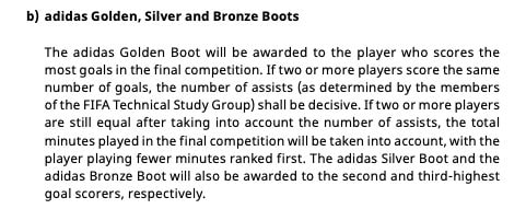 La parte dell'articolo 45 delle 'Regulations for the FIFA World Cup 26' che disciplina la classifica marcatori