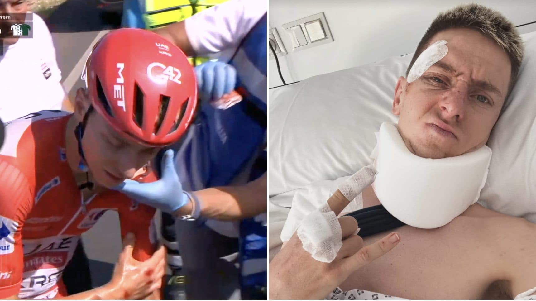 Tadej Pogacar salvato dal caschetto dopo la caduta, Maxtin in lacrime: "Voleva continuare la gara"