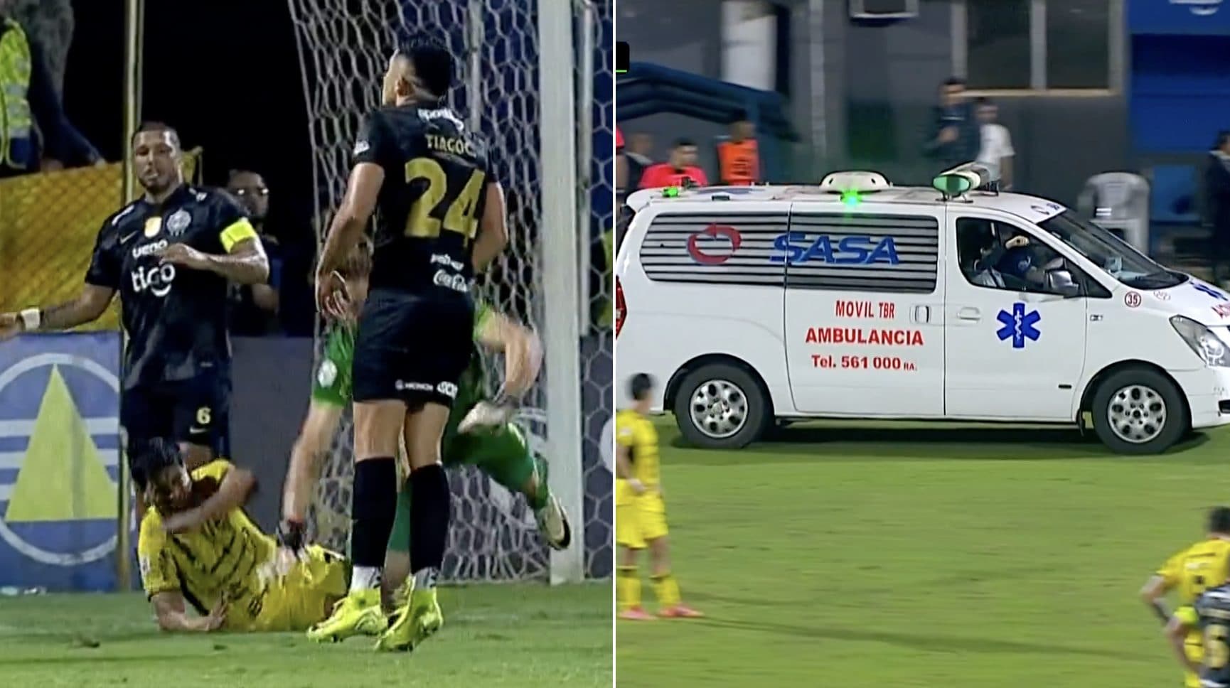 Dominguez viene travolto dal suo stesso portiere: ginocchiata al volto, deve entrare l'ambulanza in campo