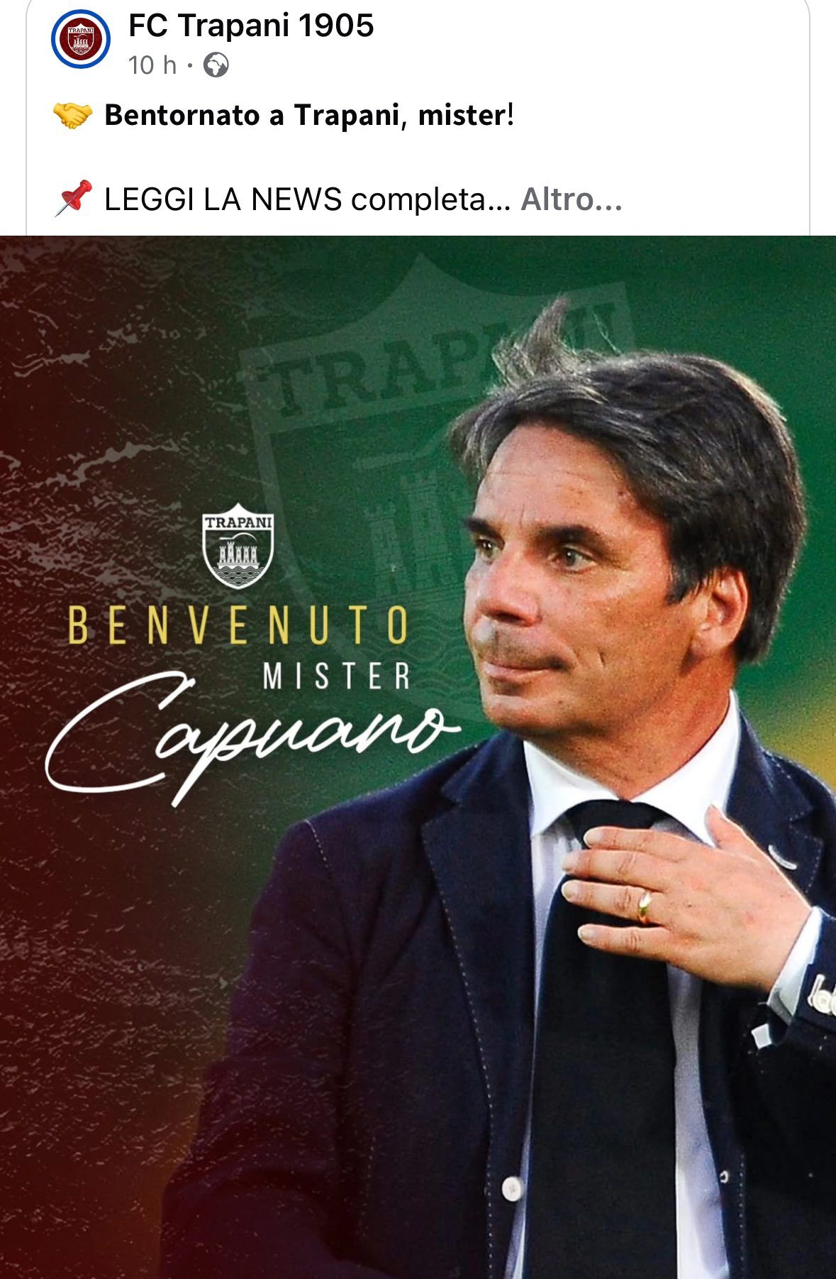 L'annuncio dell'arrivo di Capuano sulla panchina del Trapani l'11 dicembre 2024