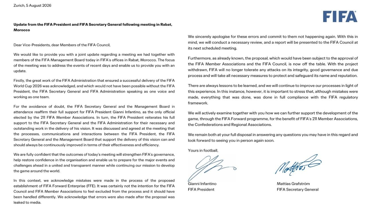 La lettera della FIFA alle 211 federazioni calcistiche
