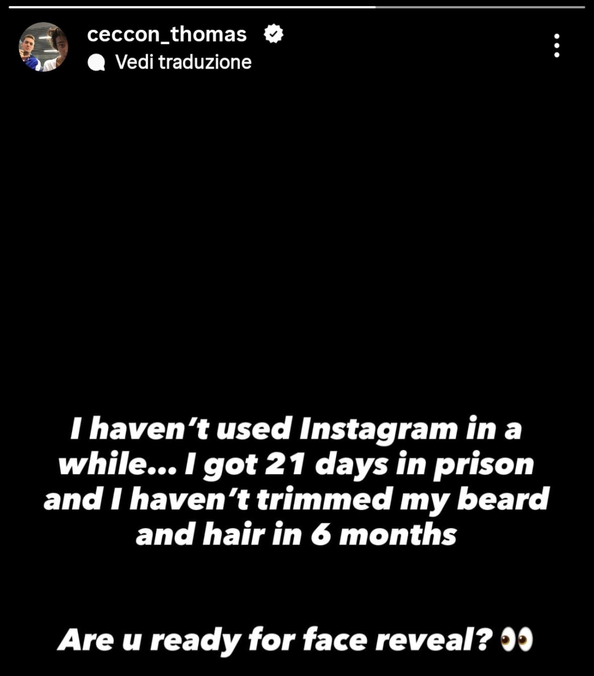 La storia Instagram con cui Thomas Ceccon preannunciava il disvelamento del suo look selvaggio