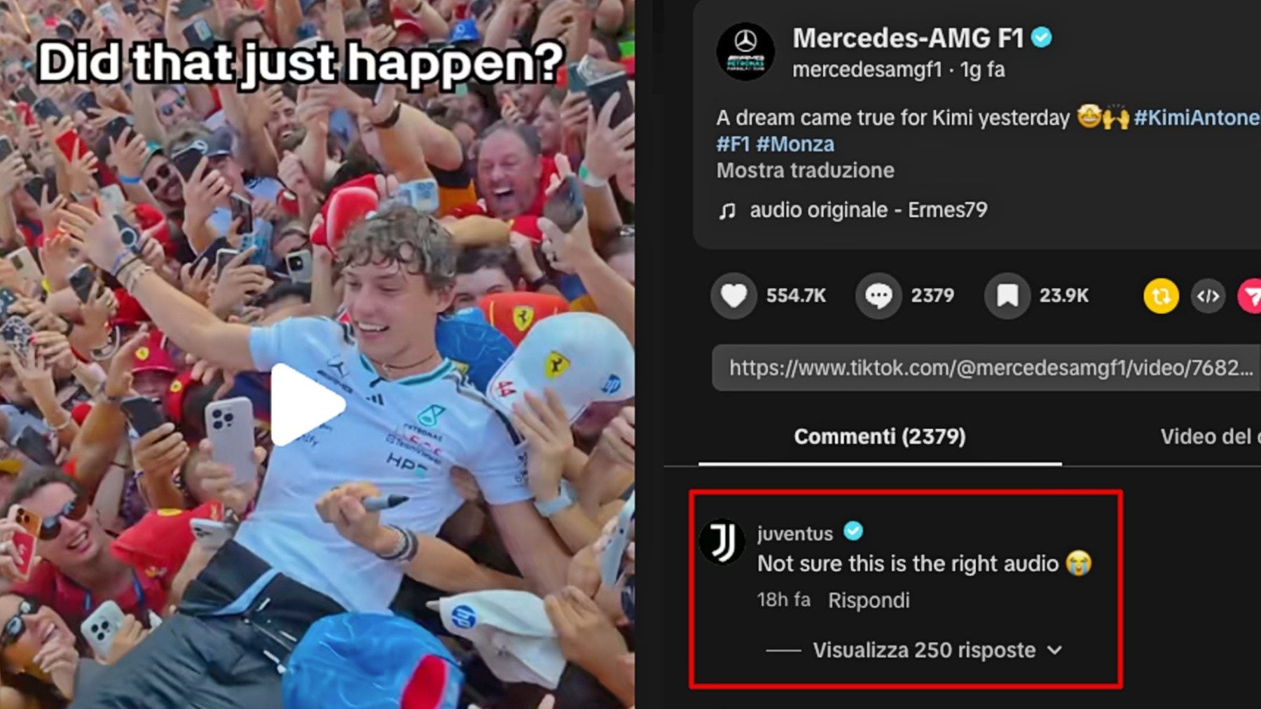 La Mercedes pubblica il video di Kimi Antonelli con una canzone anti-Juve e la Juventus commenta