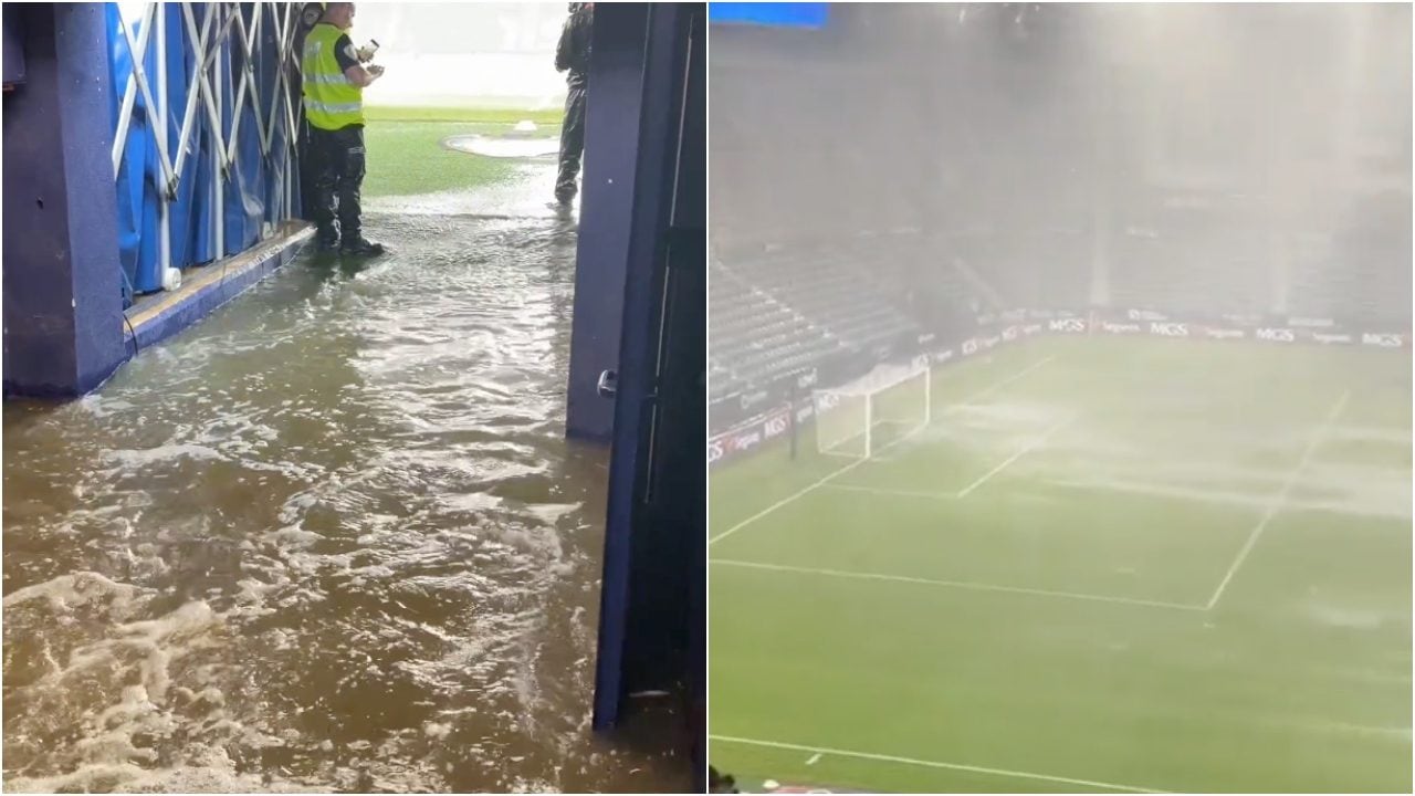 Lo stadio del Levante si allaga dopo il diluvio: il tunnel sommerso dall'acqua, non si può giocare