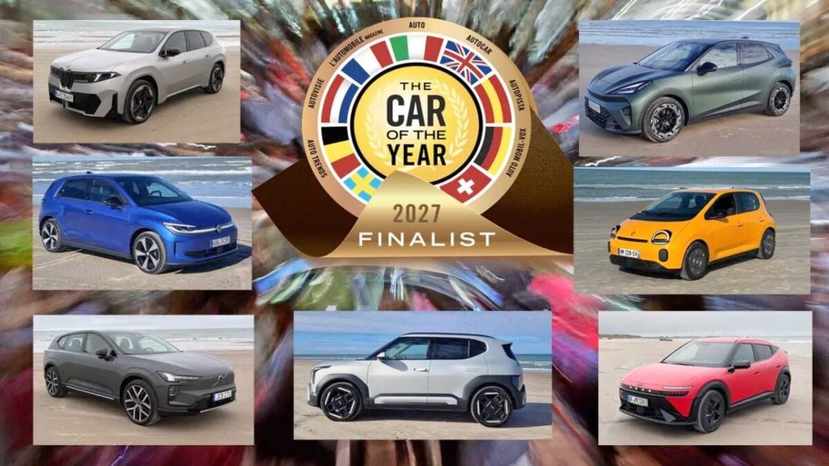 Le sette vetture elettriche finaliste dell'Auto dell'Anno 2027, con il logo ufficiale del premio al centro.