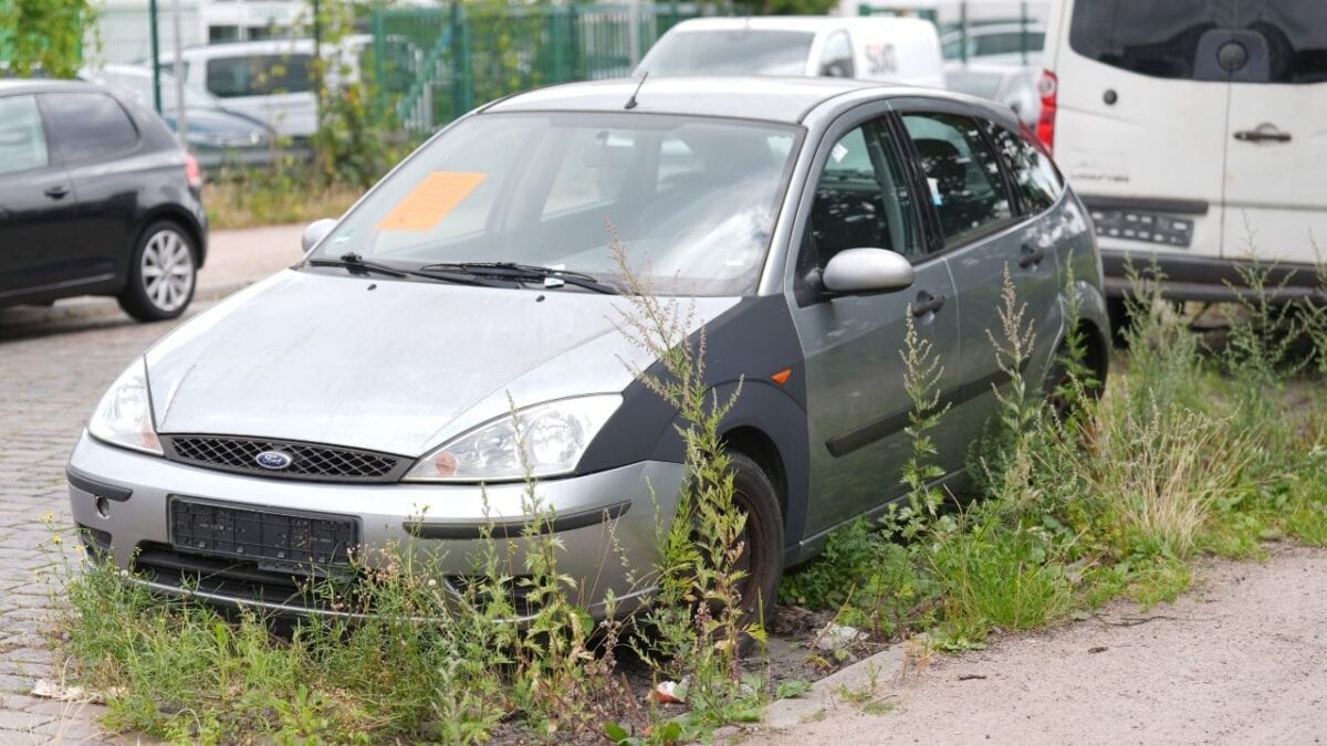 Una Ford grigia parcheggiata, con vegetazione attorno alle ruote e un foglio arancione sul parabrezza.