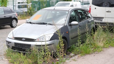 Una Ford grigia parcheggiata, con vegetazione attorno alle ruote e un foglio arancione sul parabrezza.