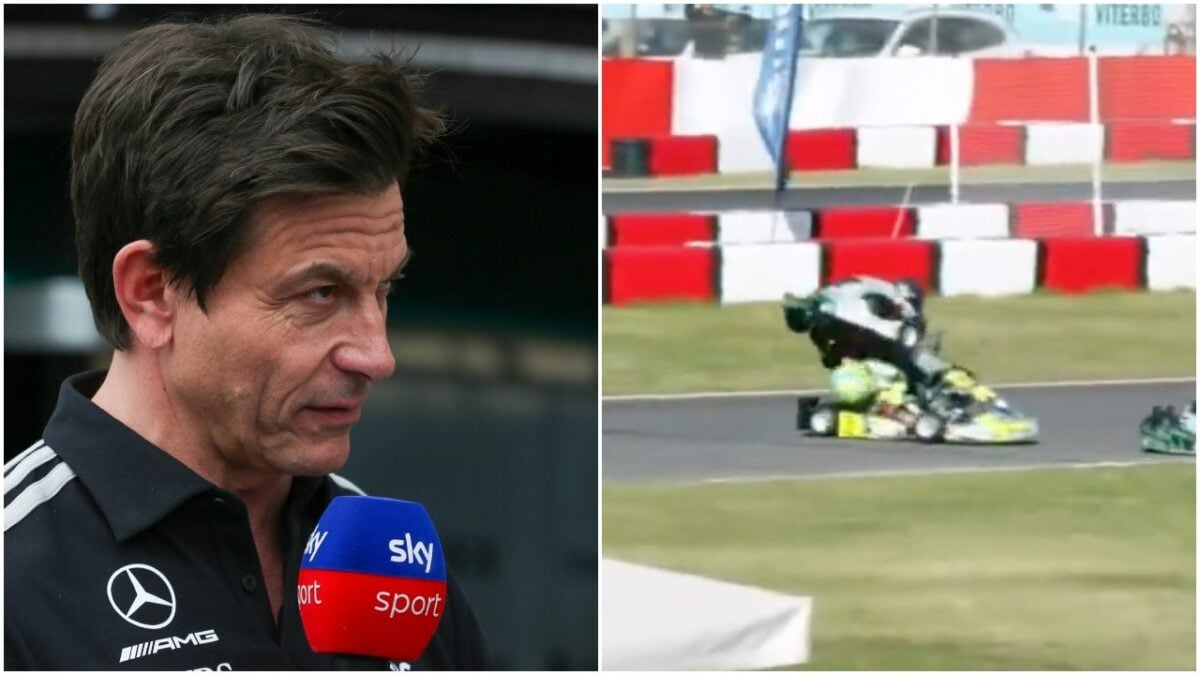 Toto Wolff intervistato da Sky Sport e, accanto, un fotogramma dell'incidente del figlio Jack durante una gara di kart a Viterbo.