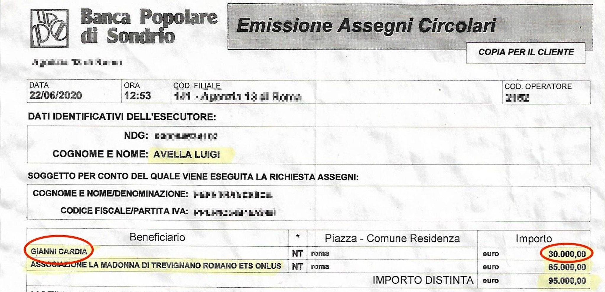 Il bonifico bancario di Luigi Avella a Gianni Cardia