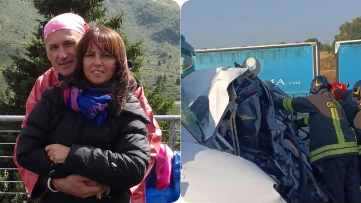 A sinistra la coppia morta sull’A1, a destra una foto dell’auto dopo lo schianto.
