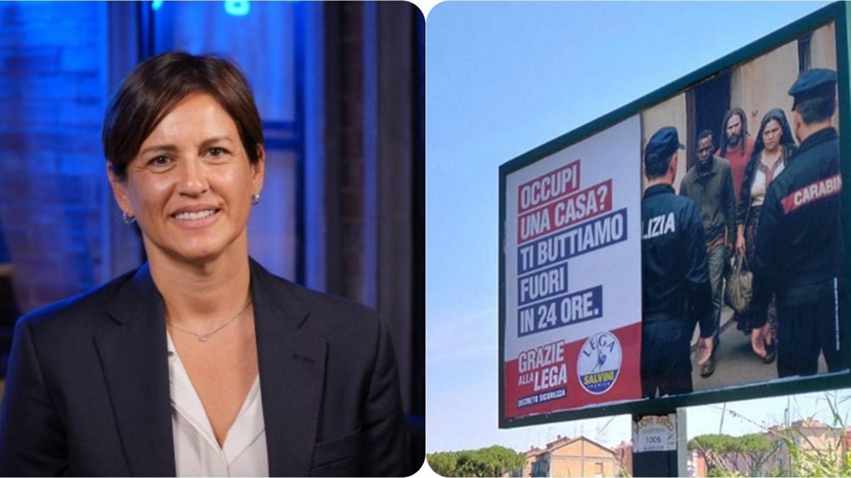 L’assessora Monica Lucarelli a sinistra, uno dei manifesti a destra.