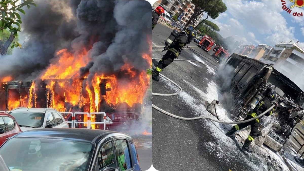 A sinistra il bus a fuoco dal gruppo Quartiere Fleming, a destra il bus dopo l’intervento dei vigili del fuoco.