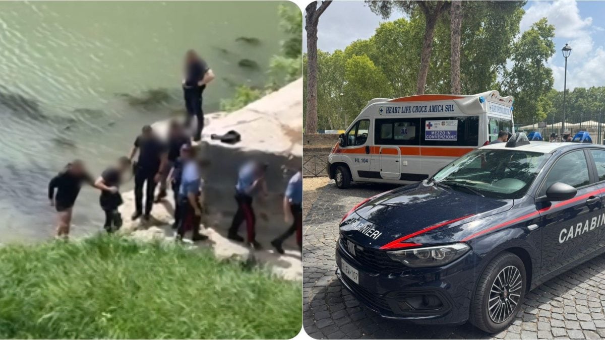 L’uomo riemerso dall’acqua dopo il lancio nel Tevere e i soccorsi davanti a Castel Sant’Angelo.