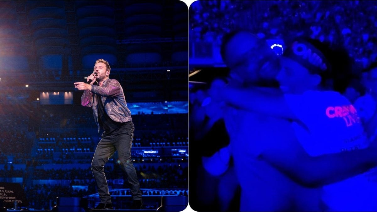 Una foto di Cesare Cremonini in concerto a Roma all’Olimpico a sinistra, una foto di Andre e Carlo a destra, al parterre, con la proposta di matrimonio.