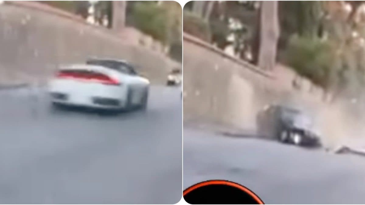 La Porsche in corsa e, a sinistra, l’automobile contro cui si è scontrata. Dal video di Welcome to Favelas.