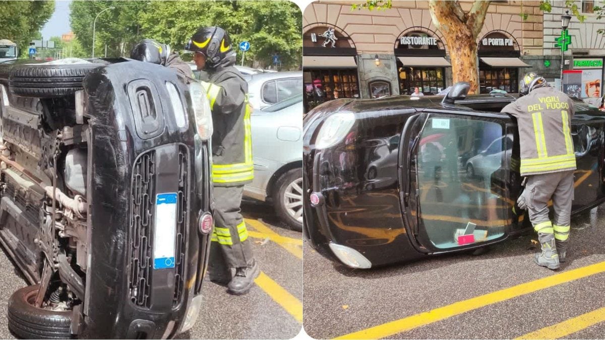 La Fiat Panda ribaltata dopo l’incidente.