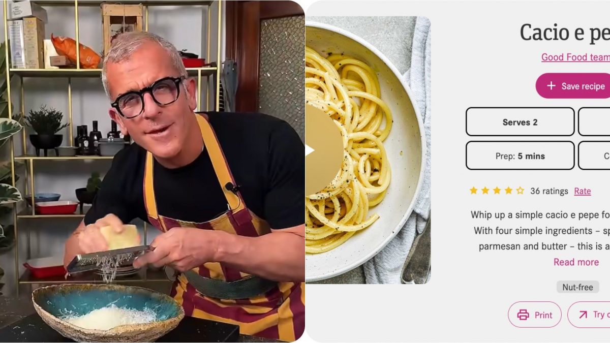 A sinistra lo chef Max Mariola, a destra la Cacio e Pepe proposta da Bbc.