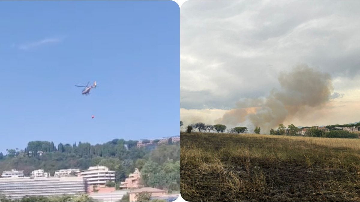 A sinistra l’incendio a Monte Mario, a destra quello a Lunghezza.