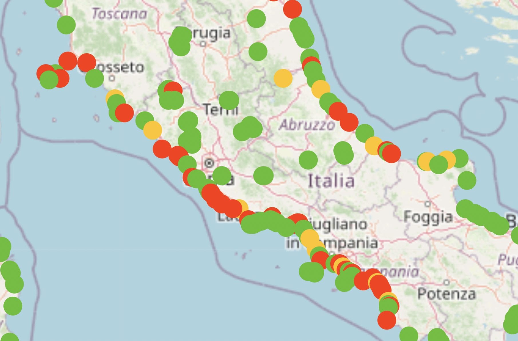 La mappatura dei punti analizzati dalla Goletta Verde di Legambiente a Roma e nel Lazio.