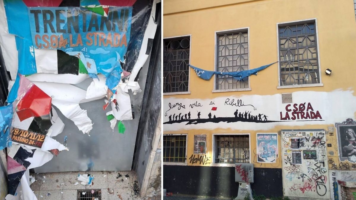La porta e l’ingresso del centro sociale "La Strada" (da instagram @csoalastrada e Google Maps)