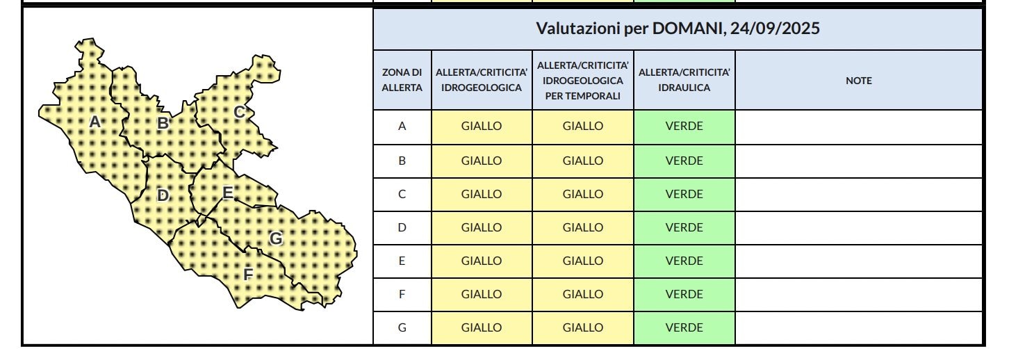 La cartina della regione Lazio con l’allerta gialla.