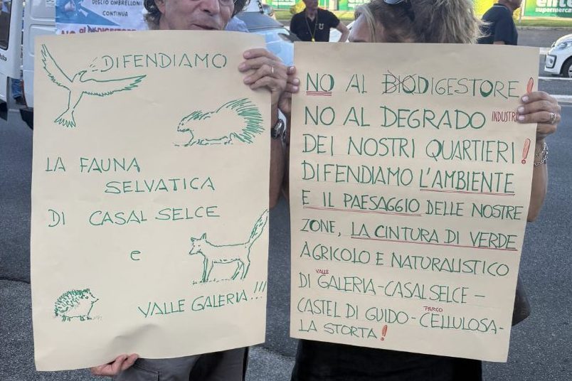 Alcuni cartelloni al corteo contro il biodigestore a Casal Selce