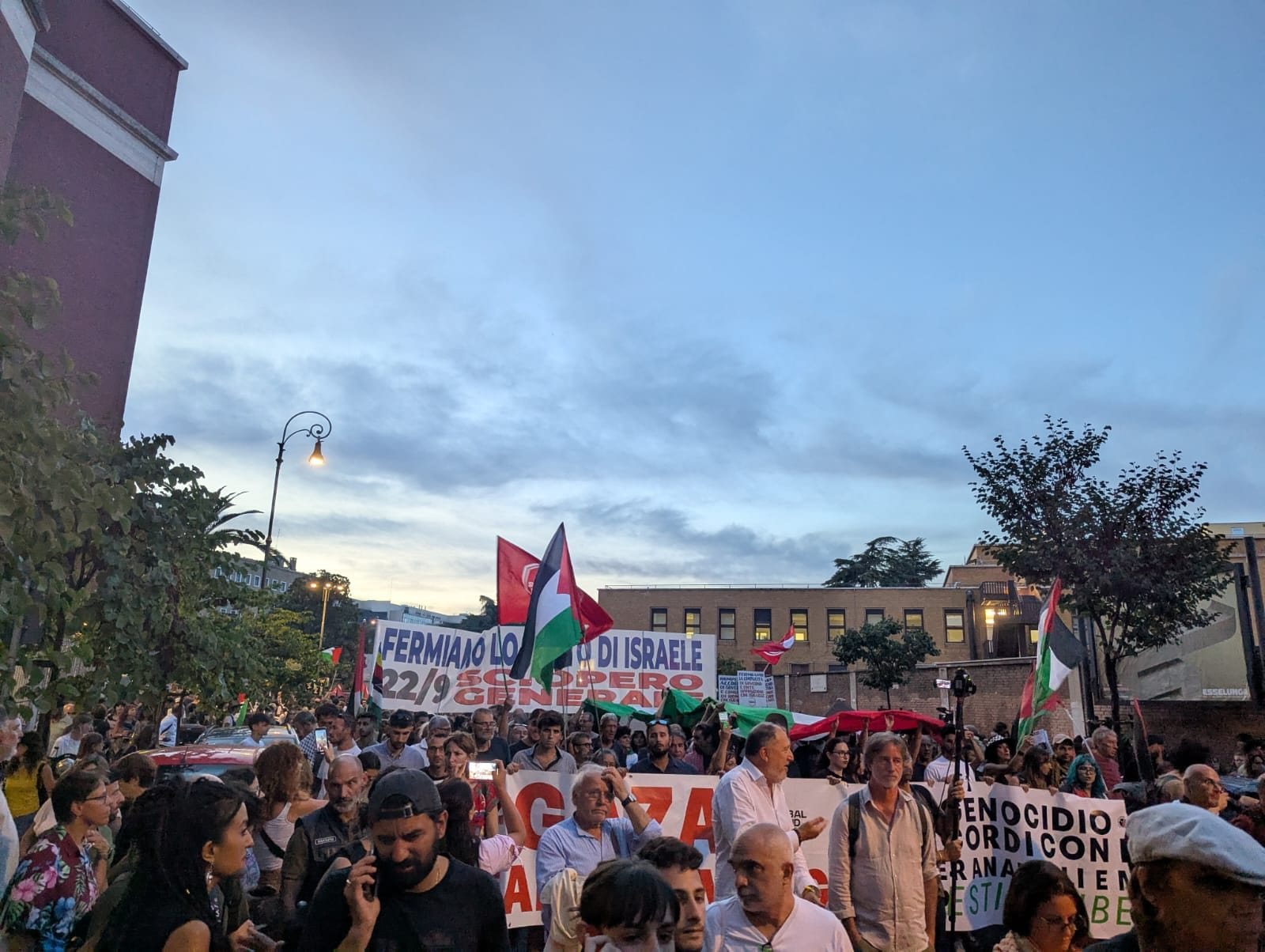 La testa del corteo, con le bandiere della Palestina.