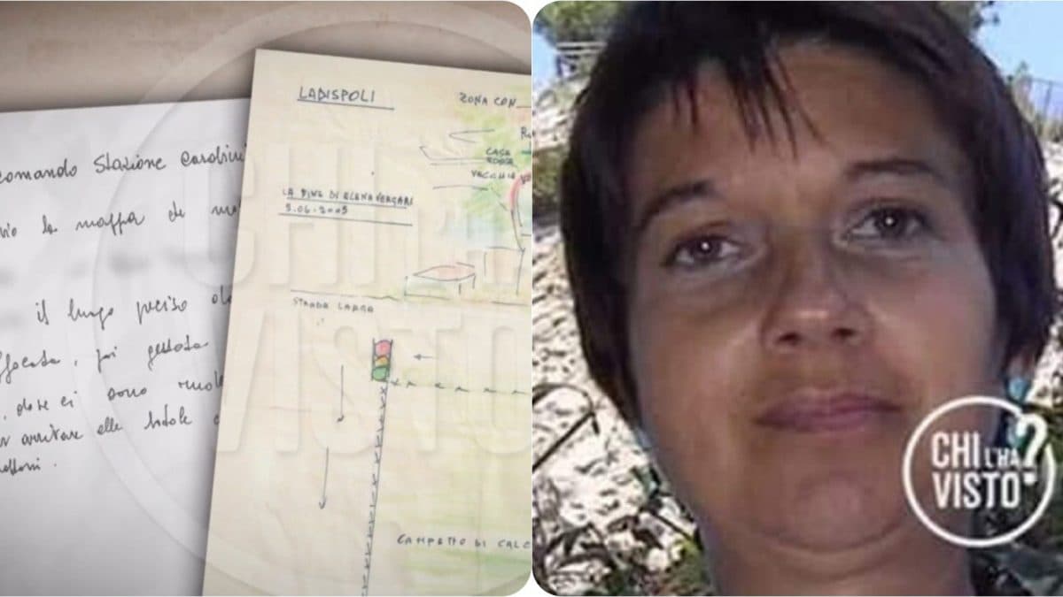 La lettera anonima con il messaggio e la mappa a sinistra mostrata a Chi l’ha visto?, a destra Elena Vergari.