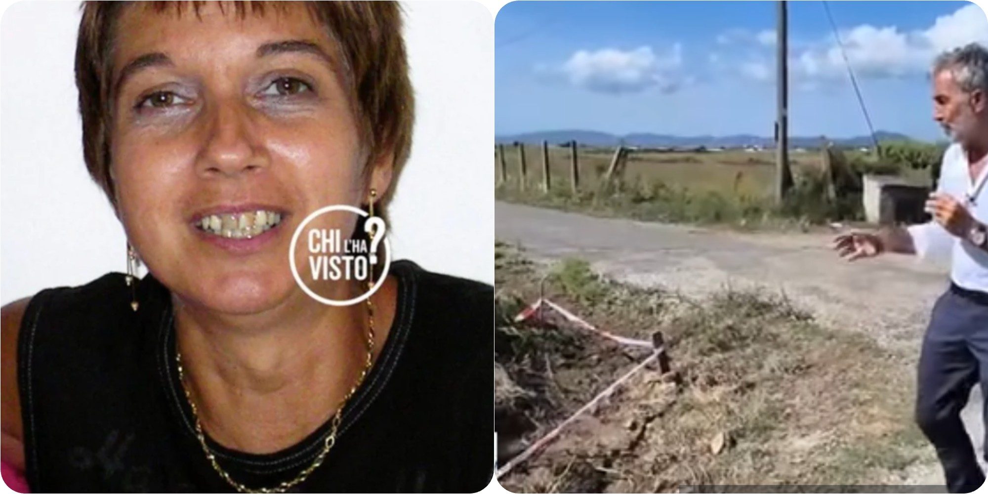 a sinistra Elena Vergari, a destra il giornalista di CHi l’ha visto? che ha ritrovato le ossa nel luogo indicato dalla lettera anonima.