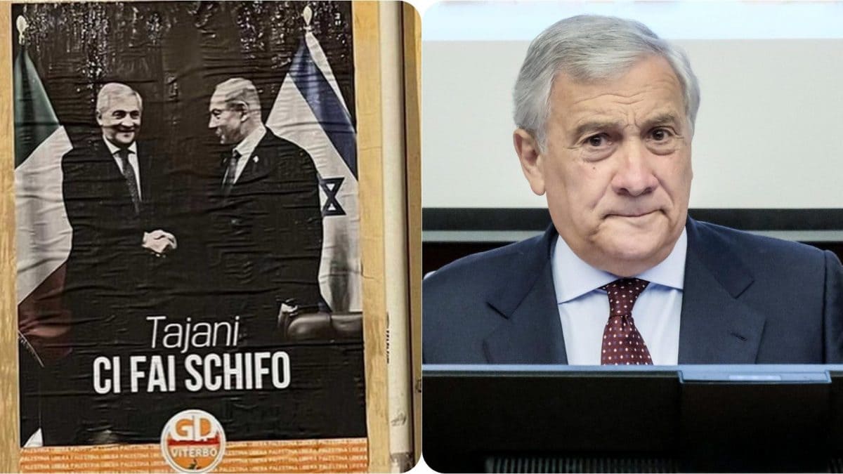 A sinistra il manifesto comparso a Viterbo, a destra Antonio Tajani.