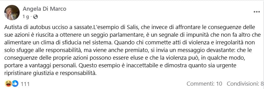 Il post della consigliera comunale di Rieti Angela Di Marco.