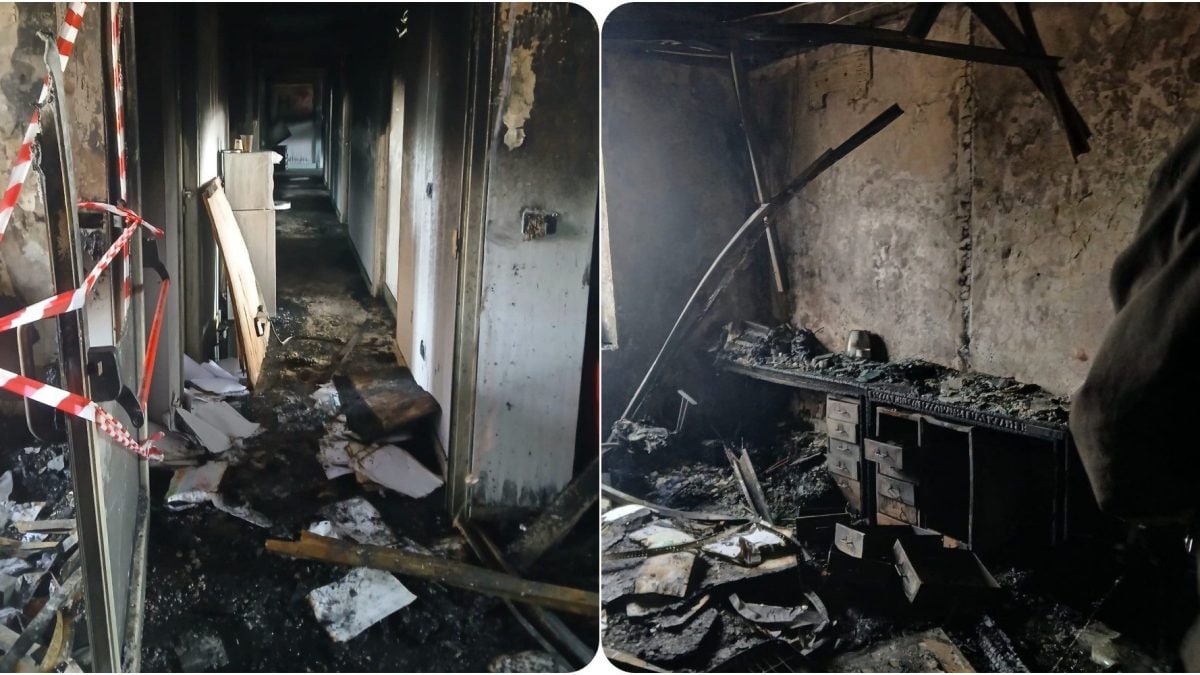 Ciò che resta degli interni della casa di produzione andata a fuoco in piazza Risorgimento.