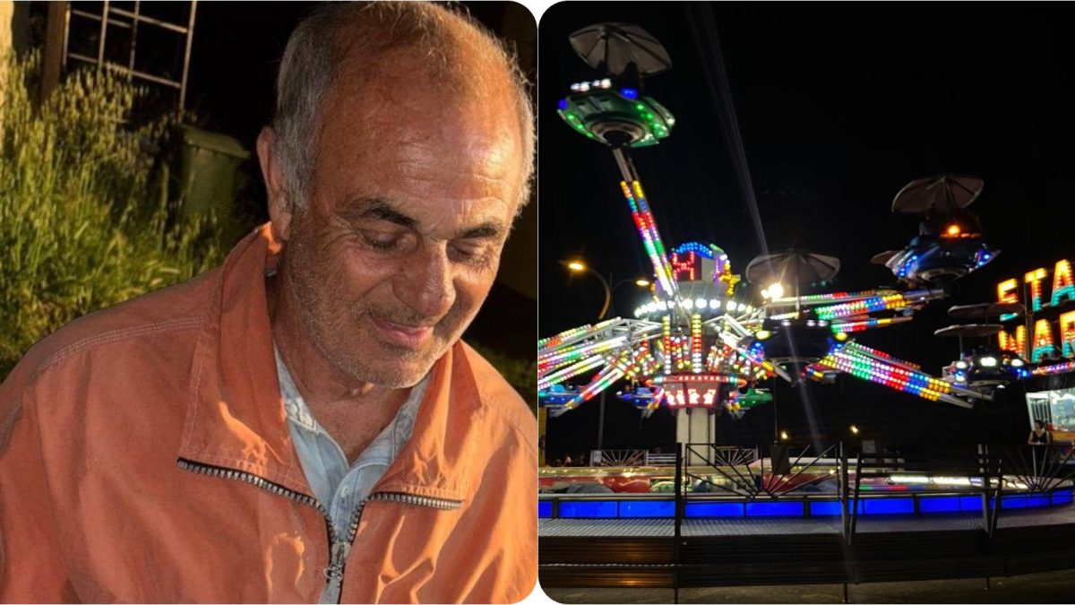 A sinistra il giostraio Stefano Luigi Cena, a destra la sua giostra.