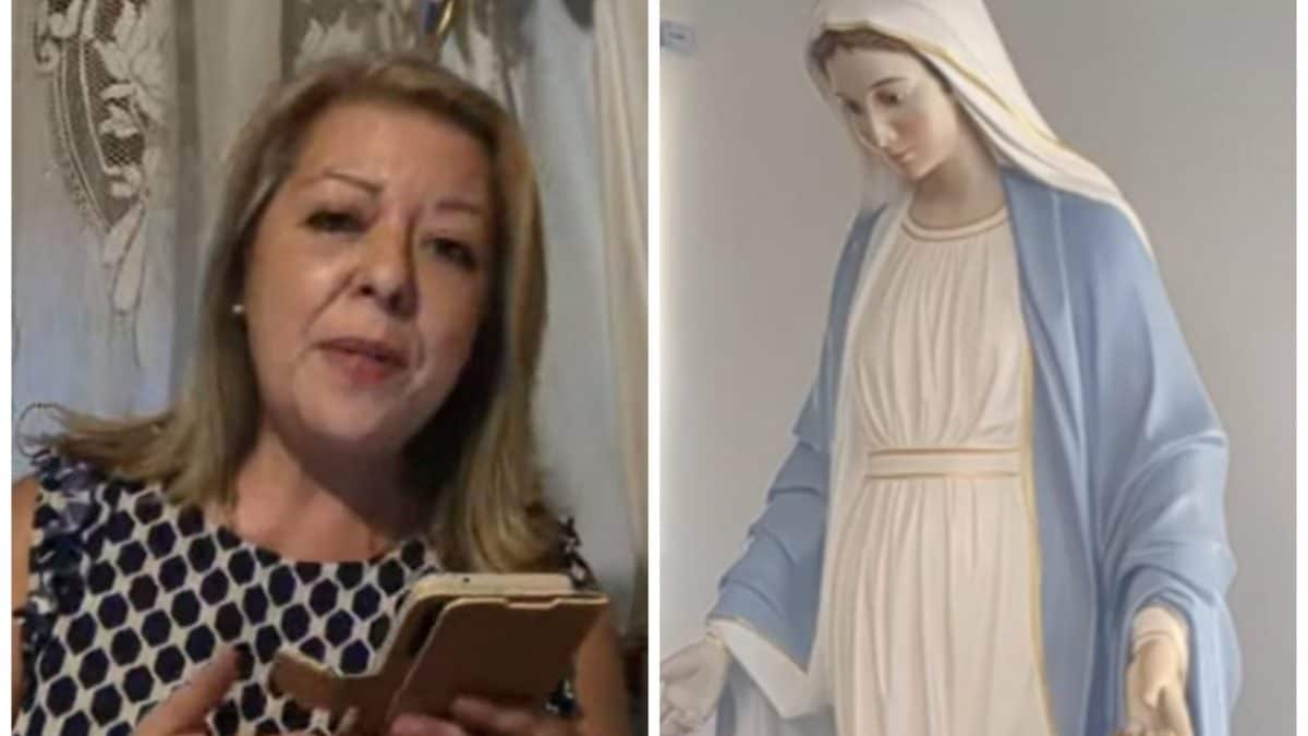 Gisella Cardia e a destra la statua della Madonna che viene inquadrata durante le dirette di preghiera