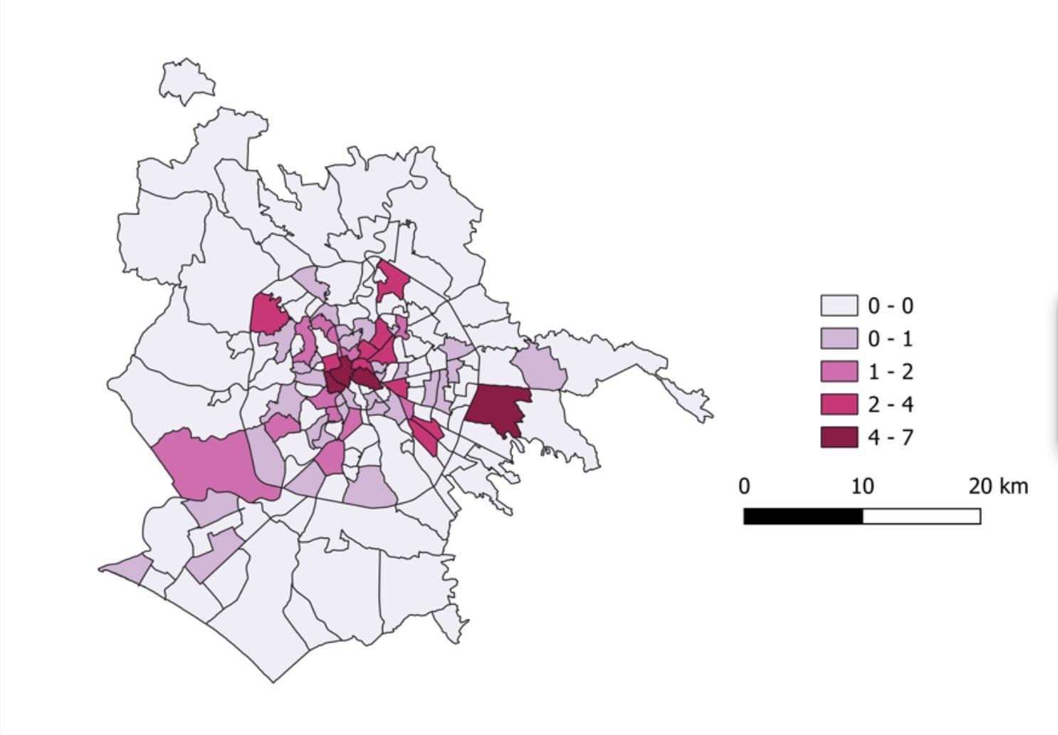 La mappa che rappresenta il numero di cinema nelle varie zone urbanistiche di Roma.