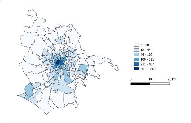 La mappa che rappresenta la concentrazione di luoghi della cultura nel centro di Roma.