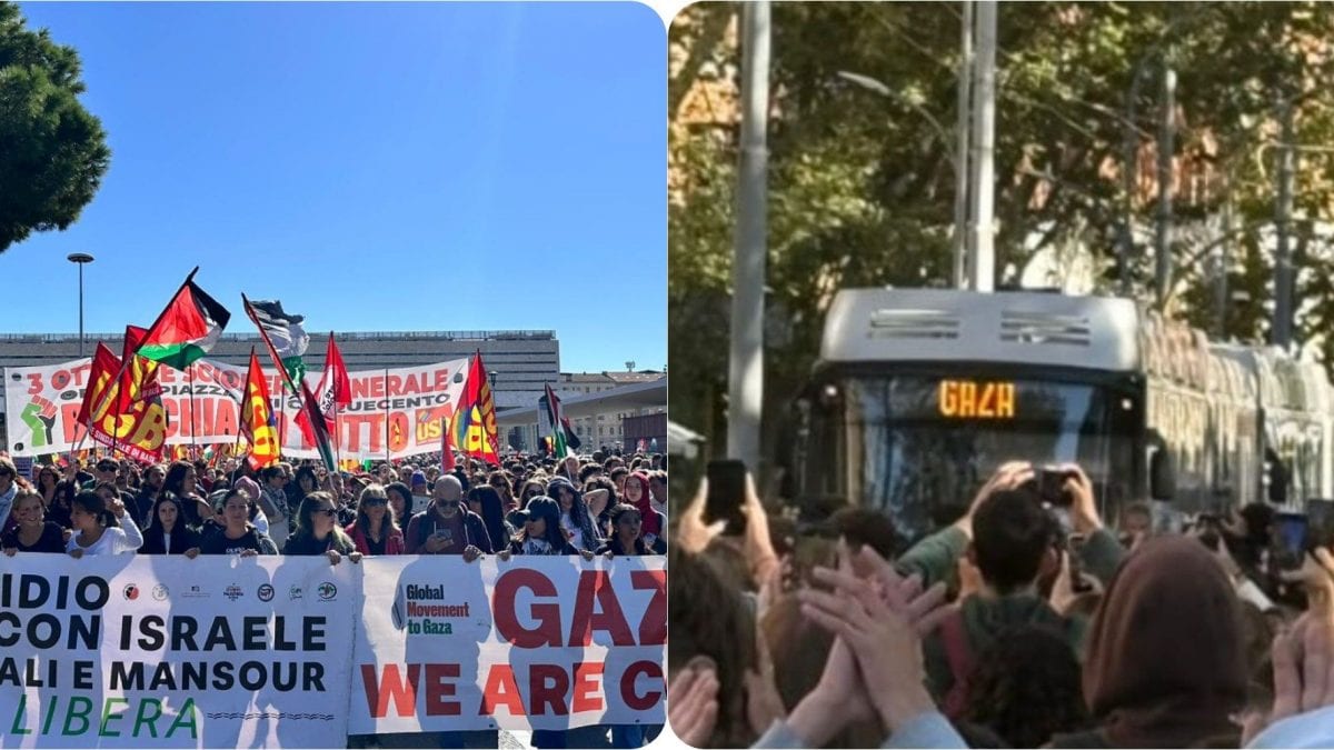 La partenza del corteo da Termini e via Nomentana bloccata dal corteo delle scuole: con loro un autobus che cambia la scritta con Gaza.