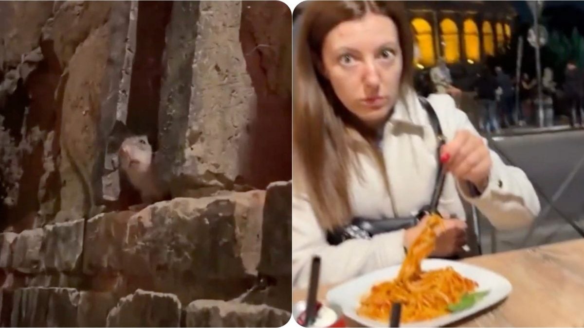 A sinistra il topolino che si affaccia dal muro, a destra il volto spaventato della donna che se lo trova davanti.