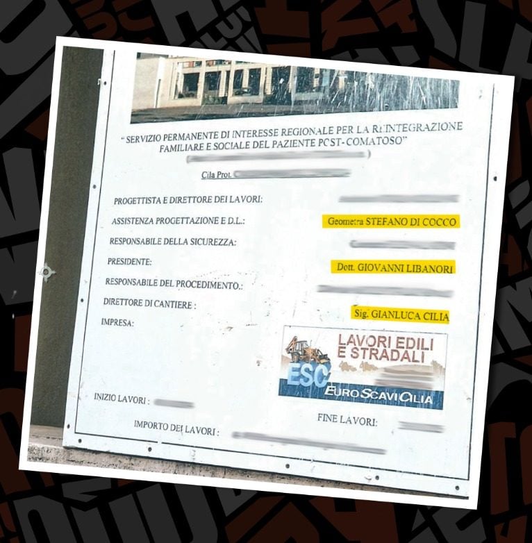 Il cartello di cantiere dei lavori per il reparto post–comatosi