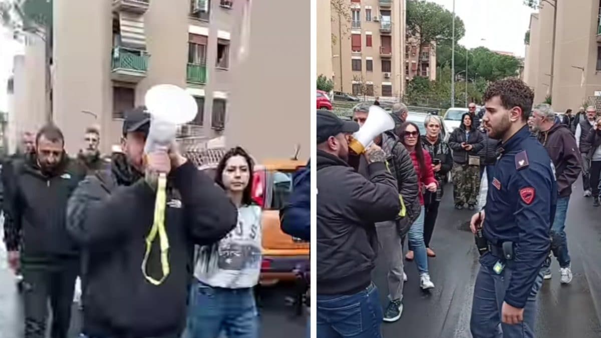 Scene della protesta contro l’assegnazione di una casa popolare a una famiglia rom cavalcata dall’estrema destra