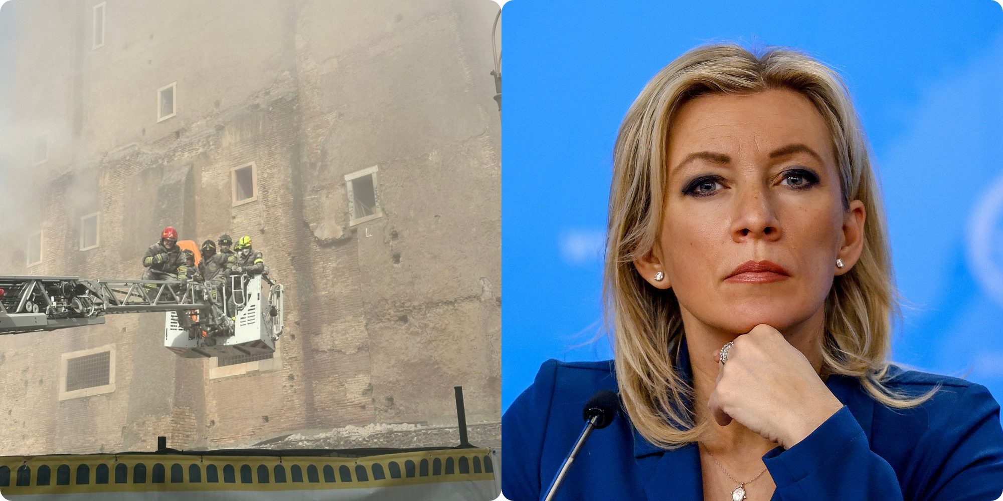 Un gruppo di vigili del fuoco dopo i crolli, a destra invece Marija Zakharova, portavoce del ministero degli Esteri russo.
