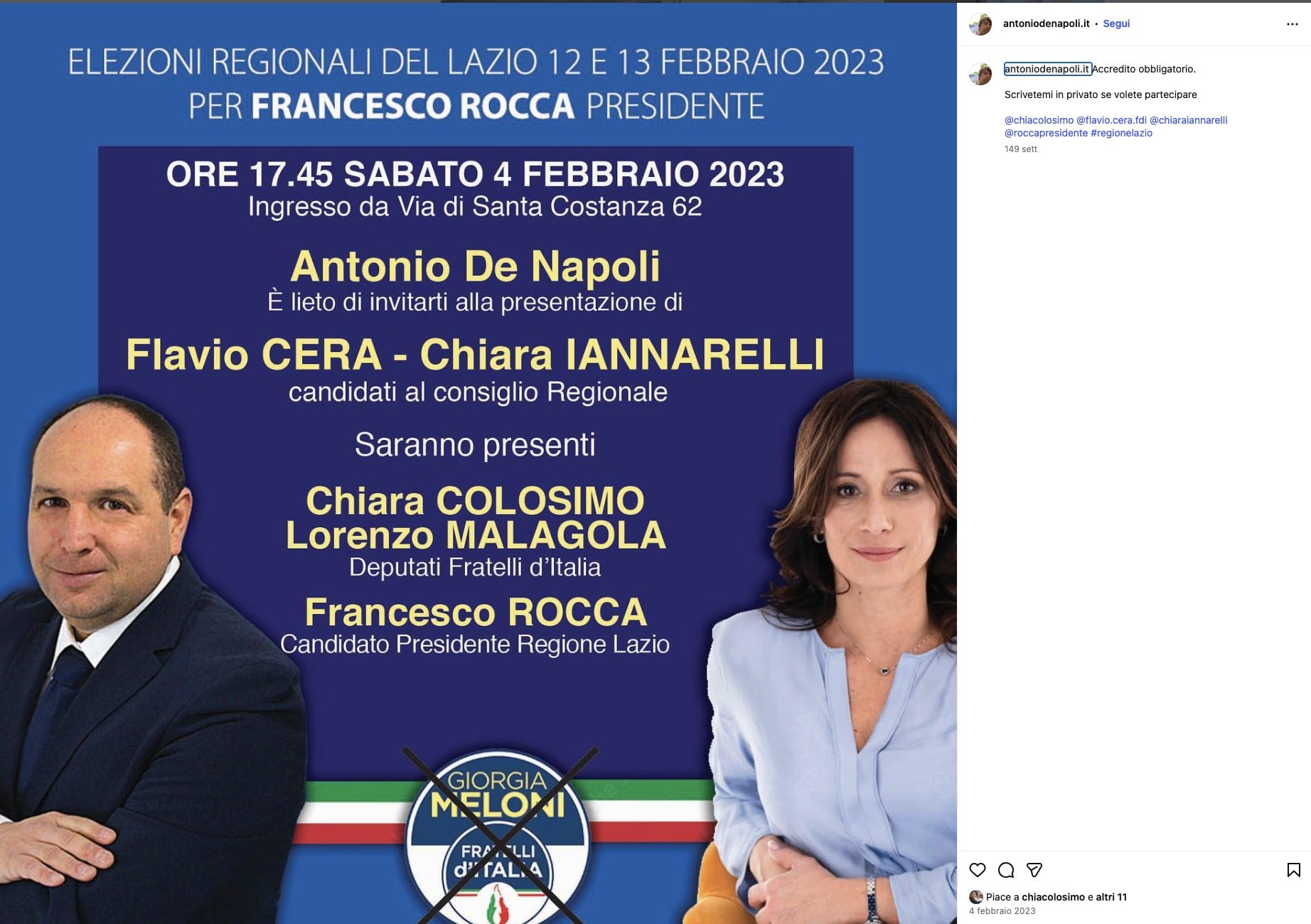 La locandina dell’evento organizzato da De Napoli per Cera e Iannarilli (foto Instagram)