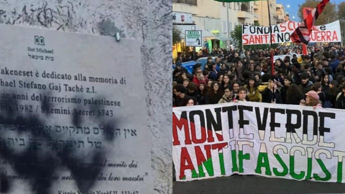 A sinistra la targa vandalizzata, a destra il corteo a Monteverde.