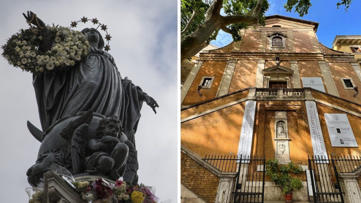 La statua della Madonna a Piazza Mignanelli e la chiesa di Santa Maria della Concezione dei Cappuccini in via Veneto