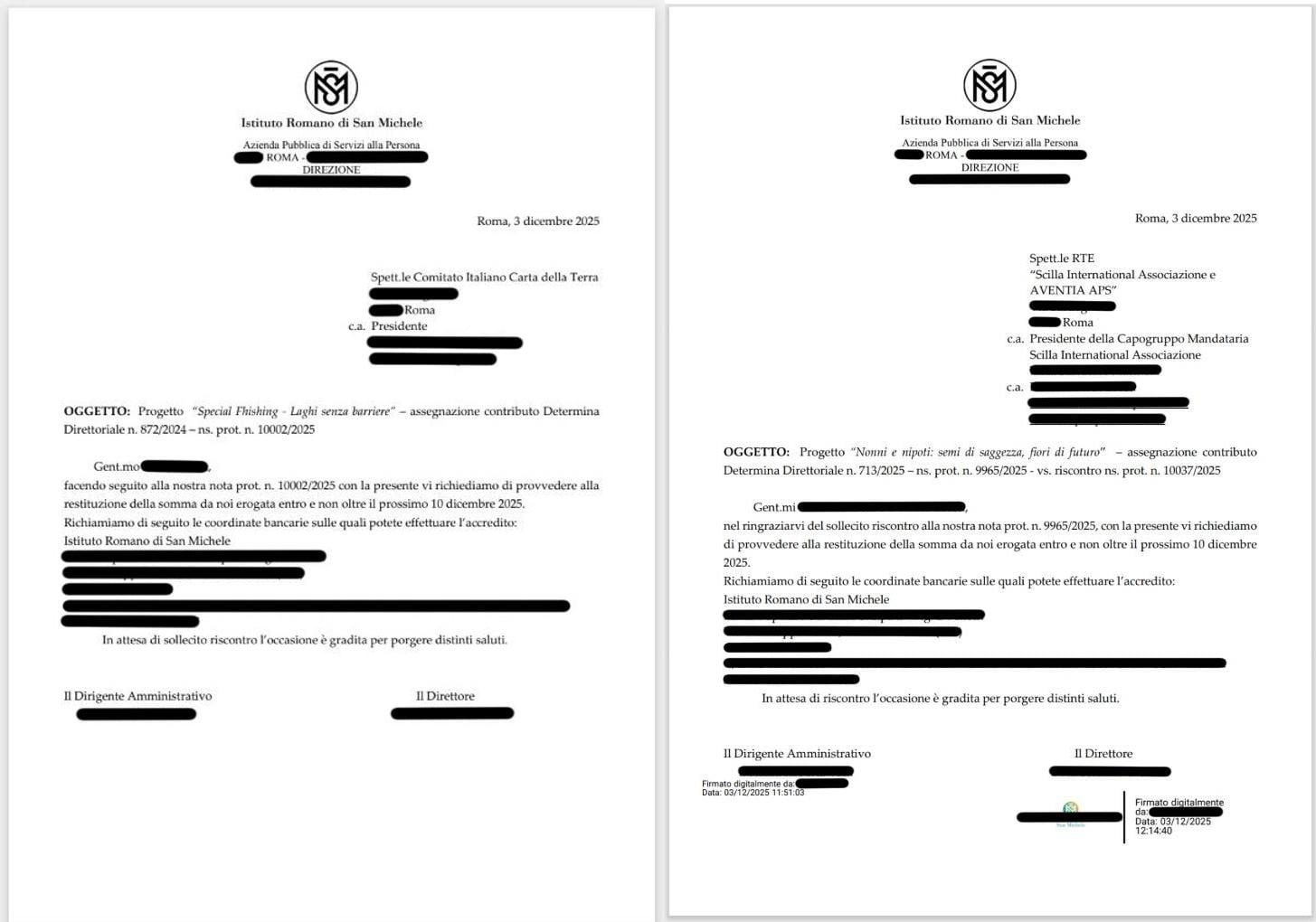 Le due lettere della Asp San Michele alle onlus per chiedere la restituzione dei contributi