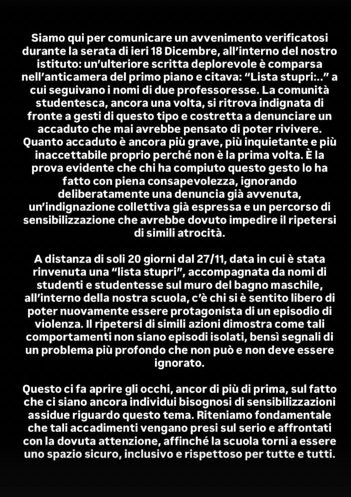 La nota dei rappresentanti del liceo dopo la seconda lista stupri.