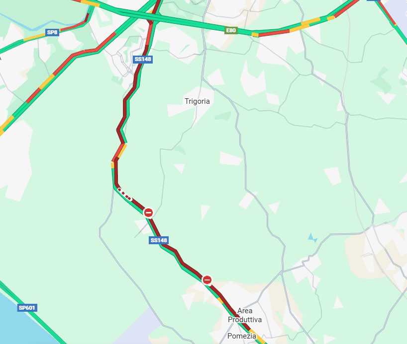 La situazione del traffico sulla Pontina da Google Maps
