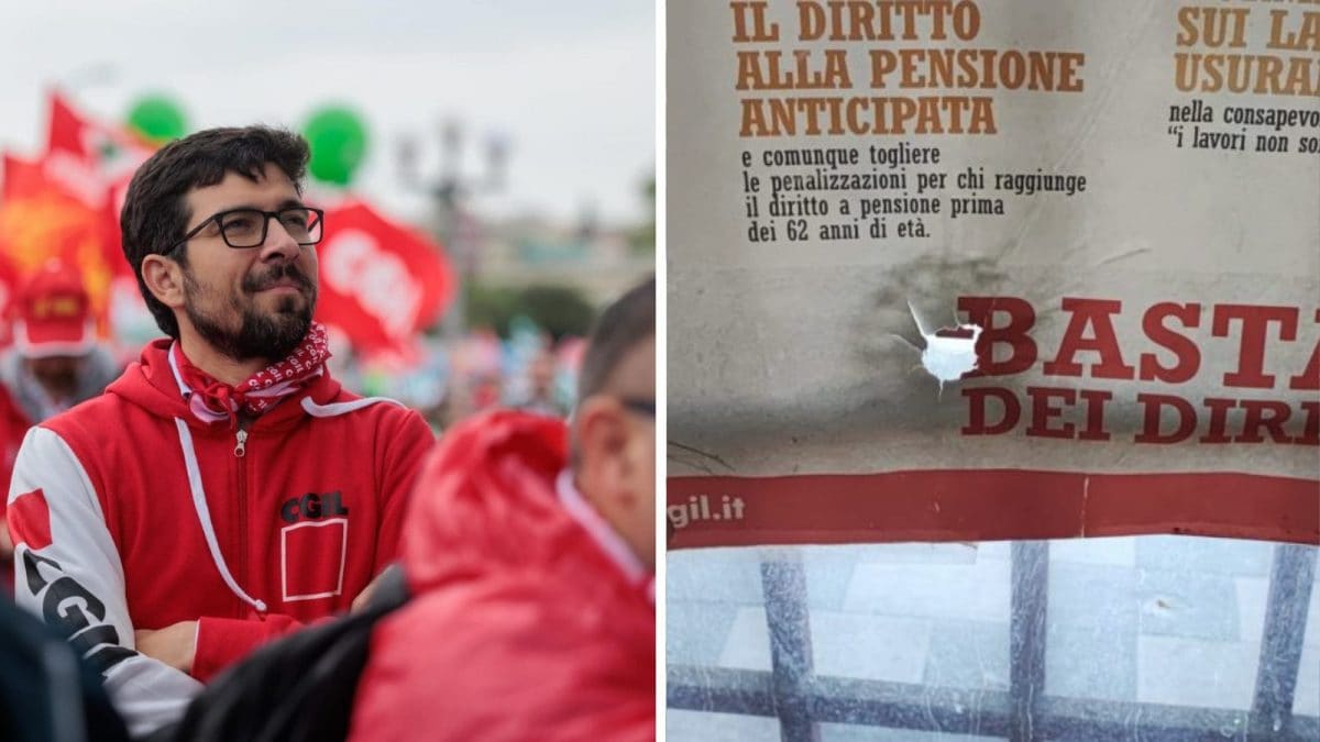 Natale Di Cola e uno dei fori trovati sulle vetrate della sede Cgil di Primavalle