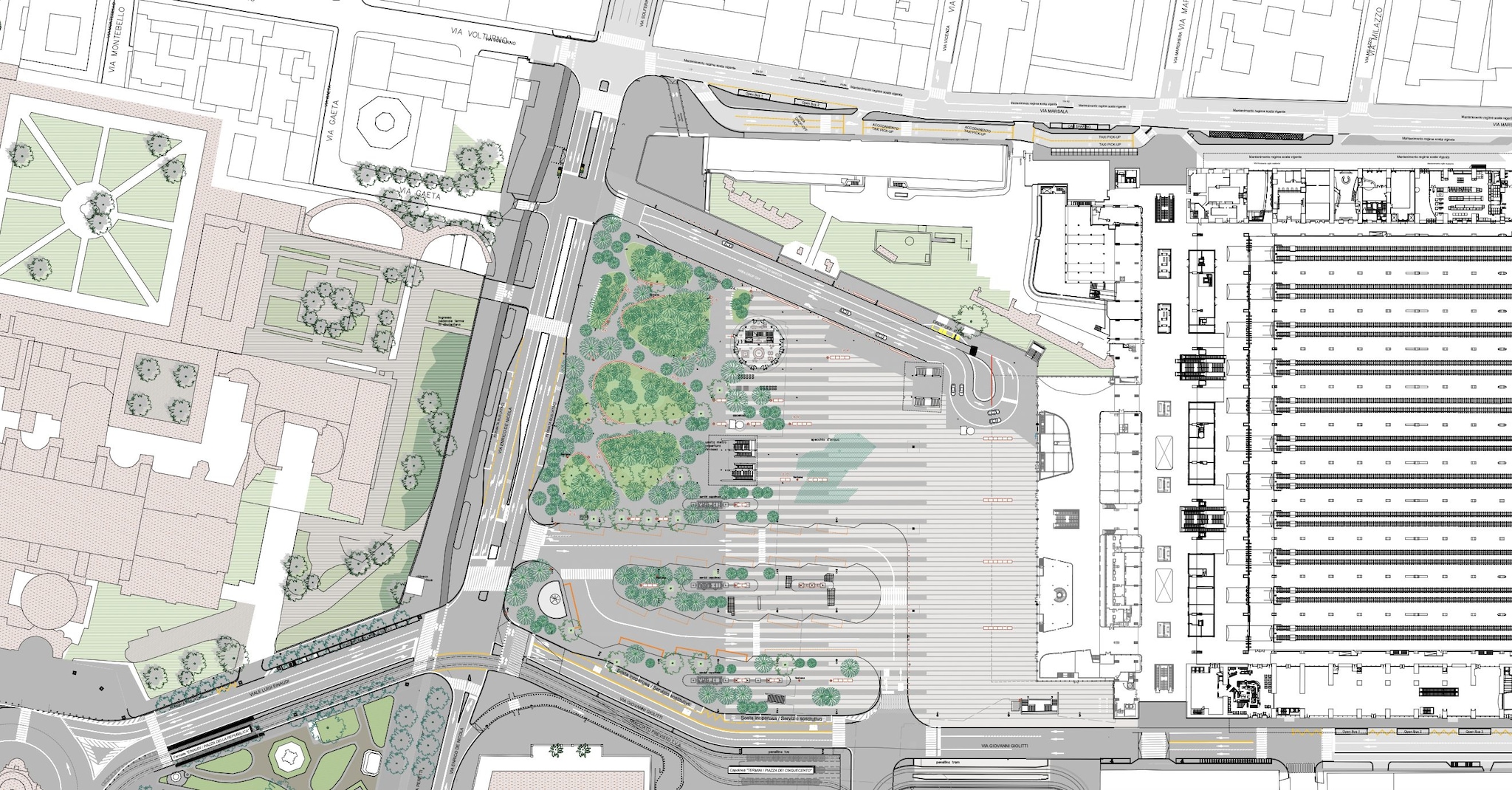 Come si presenta piazza dei Cinquecento davanti alla stazione Termini secondo il progetto di Studio Its Architettura e dei suoi collaboratori.